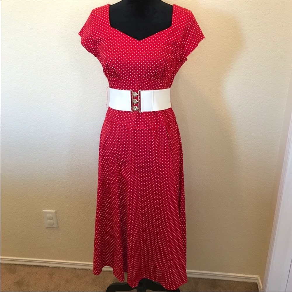 Red Polka Dot Midi Dress with White Belt